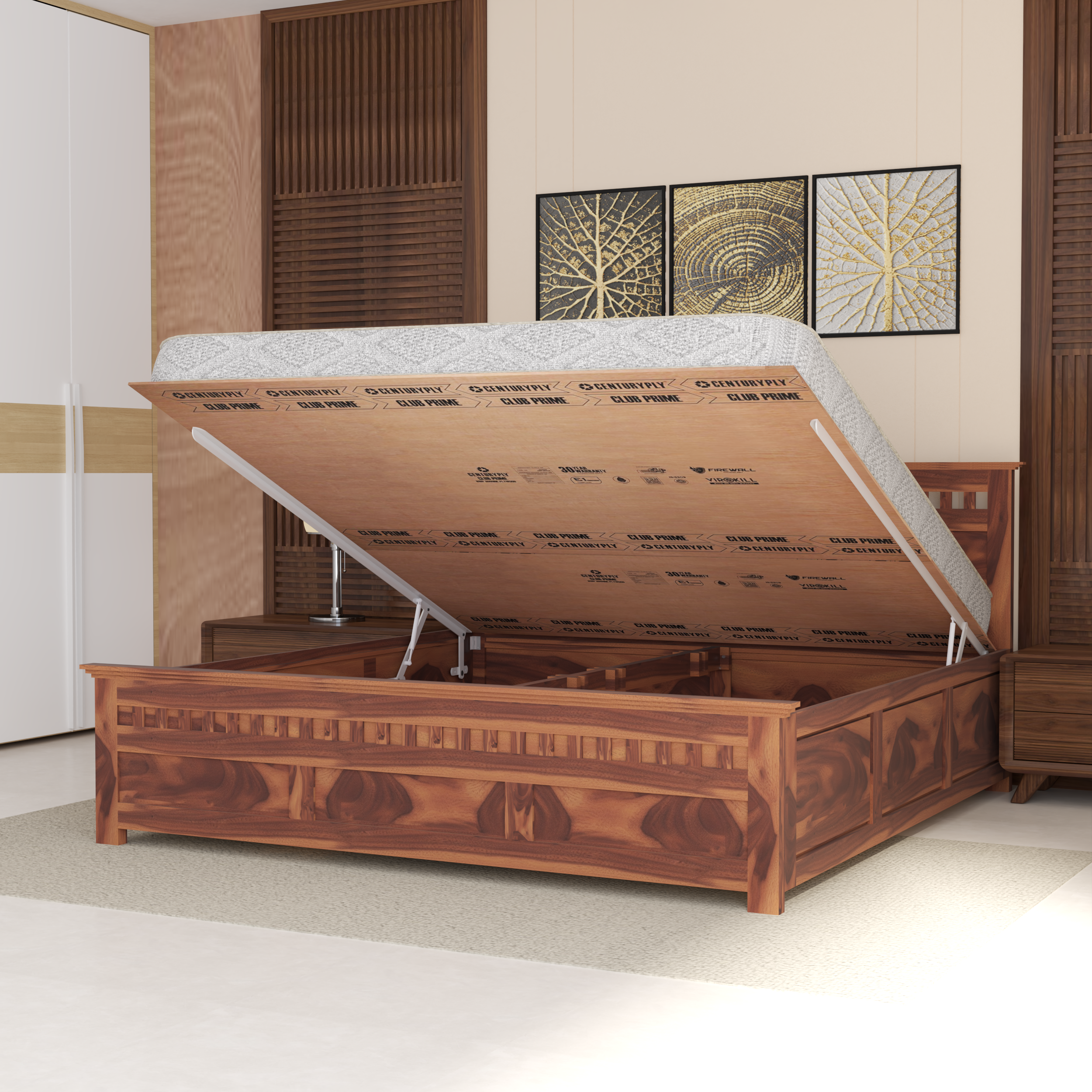 Florestawud Solid Sheesham Wood King Size Hydraulic Storage Bed in honey finish with spacious under-bed storage