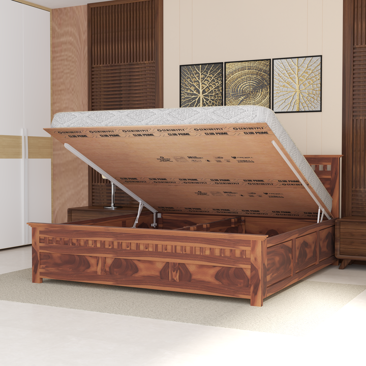 Florestawud Solid Sheesham Wood King Size Hydraulic Storage Bed in honey finish with spacious under-bed storage