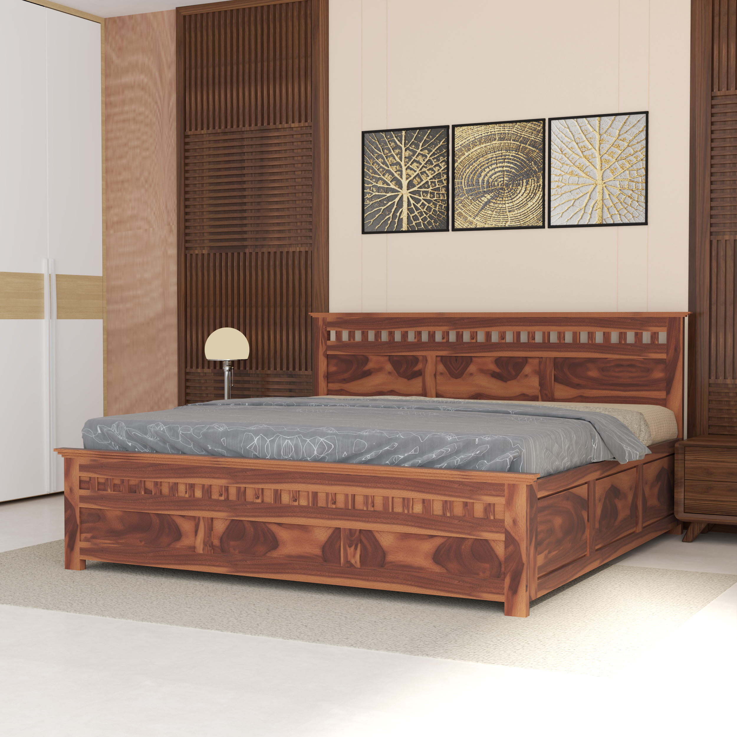 Florestawud Solid Sheesham Wood King Size Hydraulic Storage Bed – Honey Finish