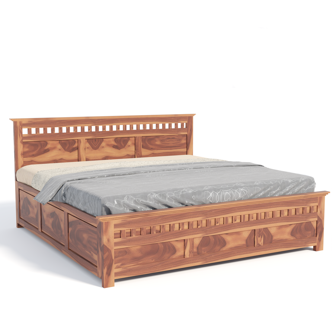 Florestawud Solid Sheesham Wood King Size Hydraulic Storage Bed – Honey Finish
