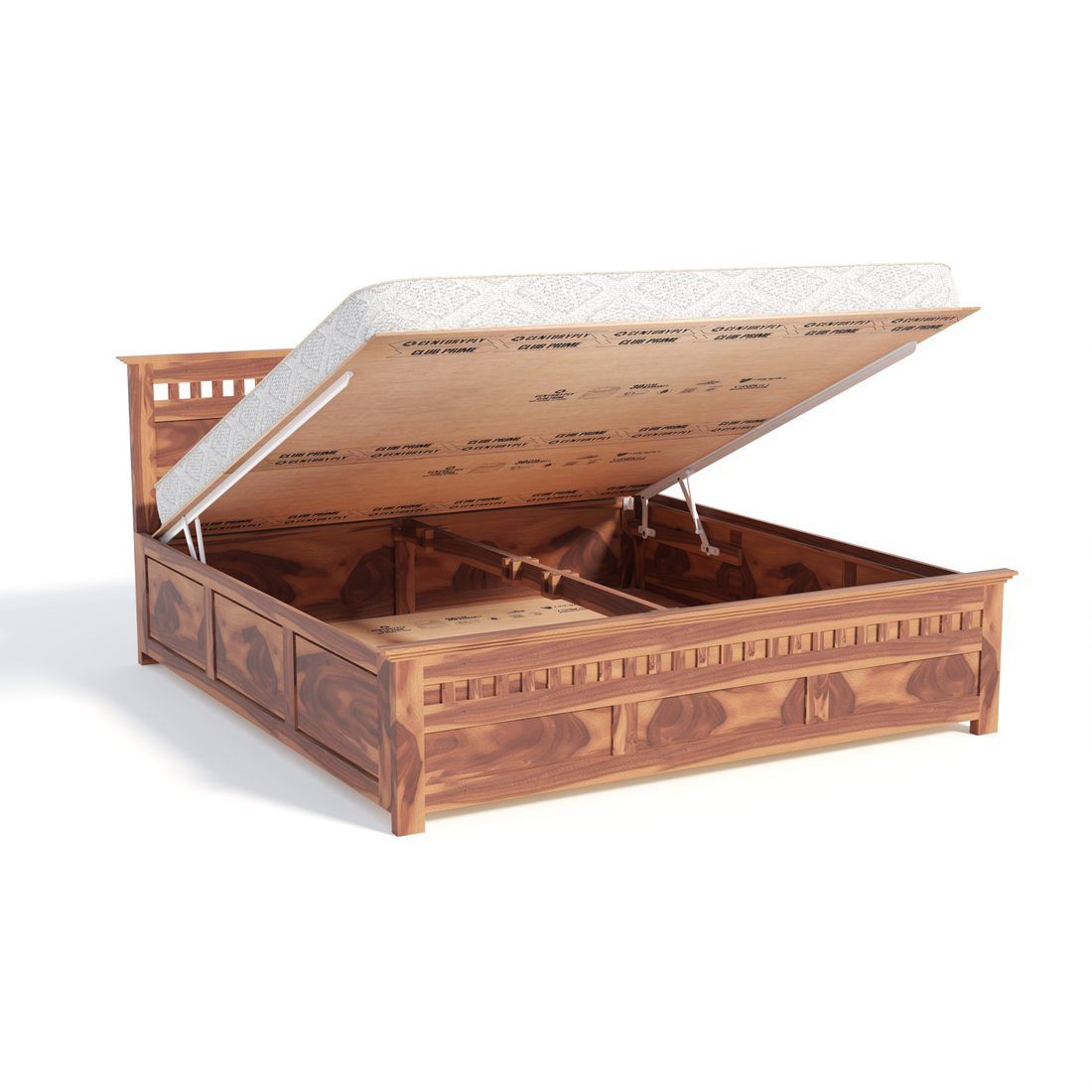 Florestawud Solid Sheesham Wood King Size Hydraulic Storage Bed – Honey Finish