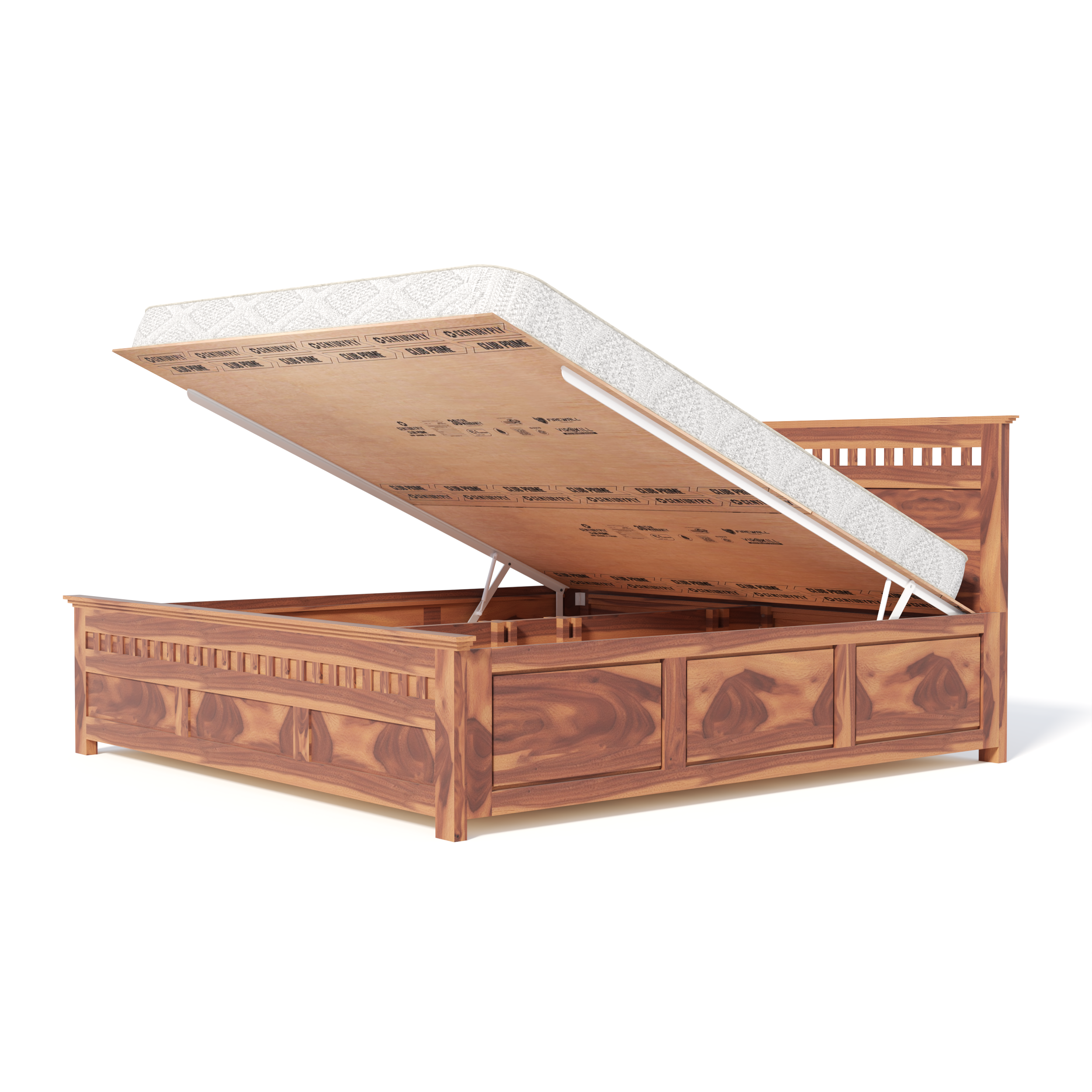 Florestawud Solid Sheesham Wood King Size Hydraulic Storage Bed – Honey Finish