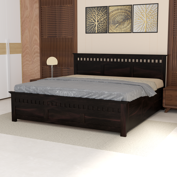 Florestawud Solid Sheesham Wood King Size Hydraulic Storage Bed – Walnut Finish