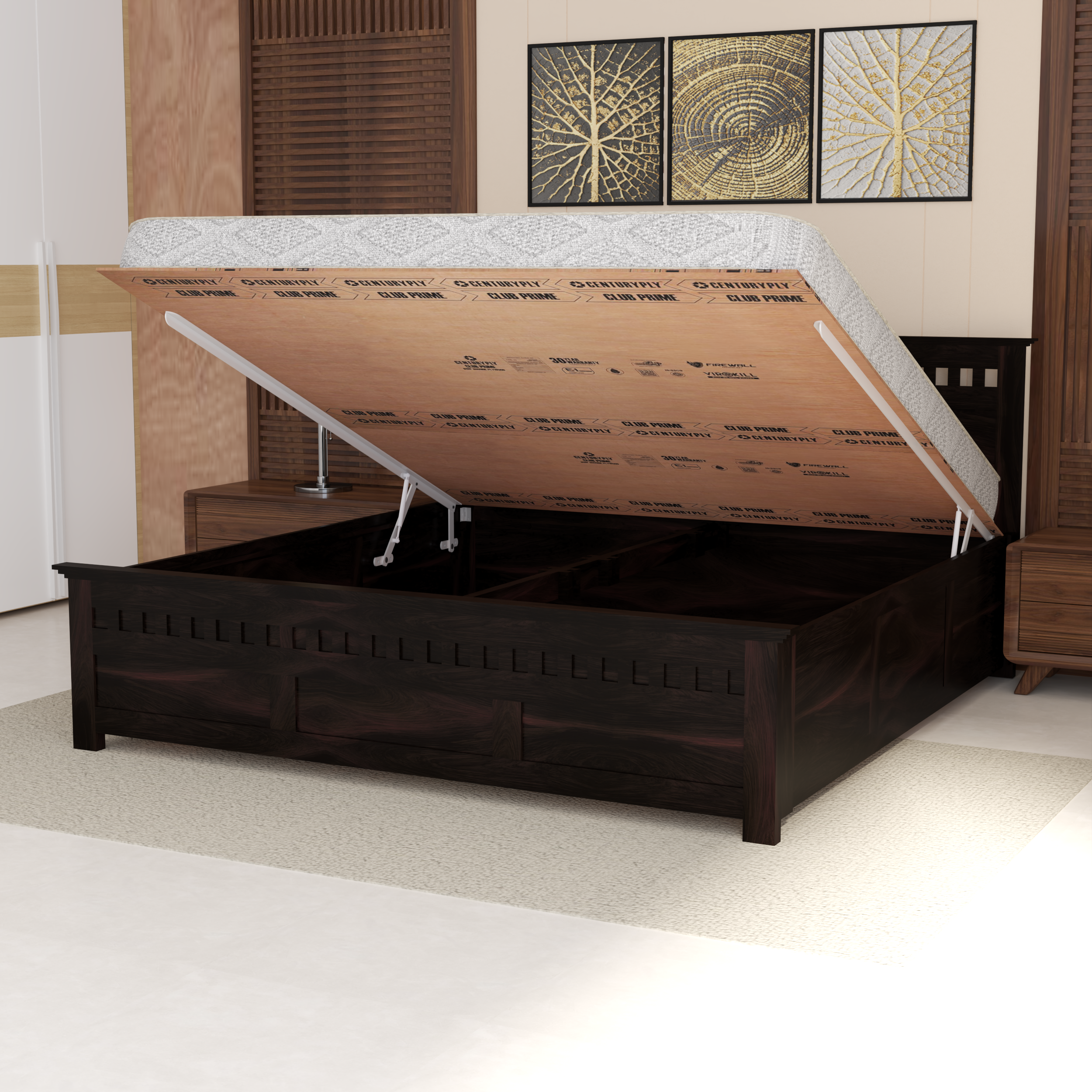 Florestawud Solid Sheesham Wood King Size Hydraulic Storage Bed in walnut finish with spacious hydraulic storage