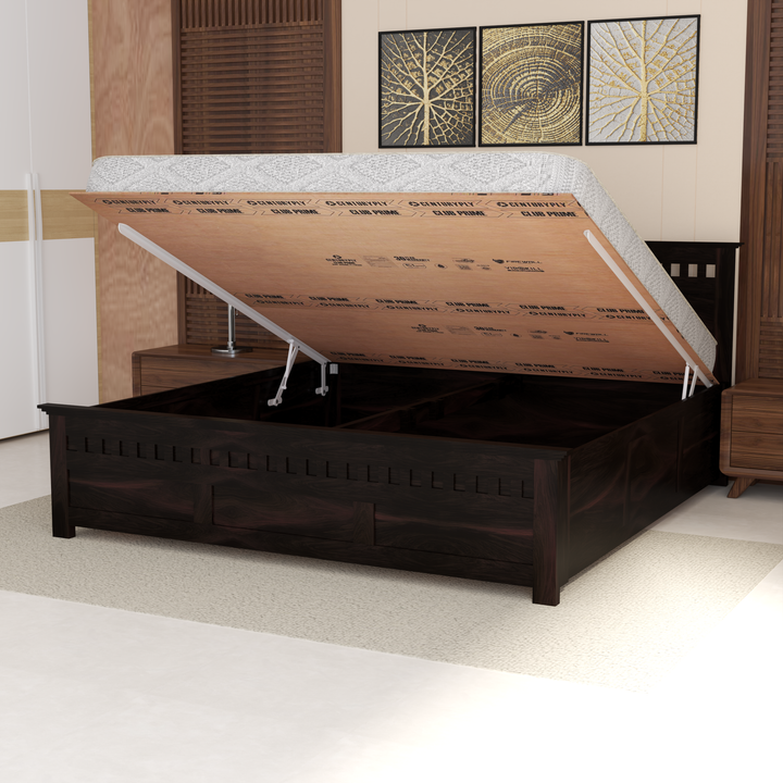 Florestawud Solid Sheesham Wood King Size Hydraulic Storage Bed in walnut finish with spacious hydraulic storage