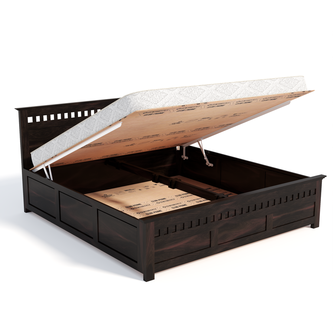 Florestawud Solid Sheesham Wood King Size Hydraulic Storage Bed – Walnut Finish