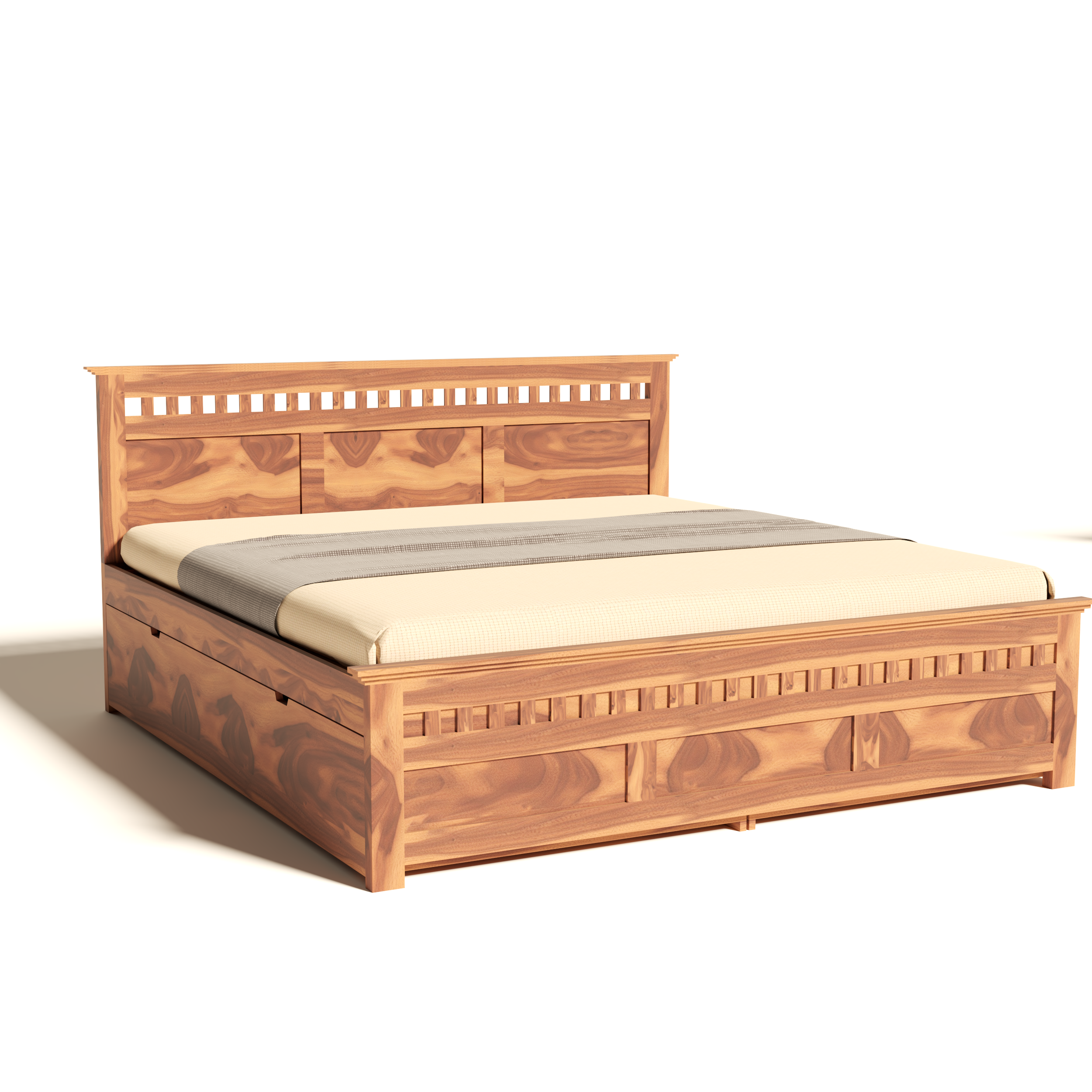 Florestawud Solid Sheesham Wood King Size Bed with Side Storage – Honey Finish