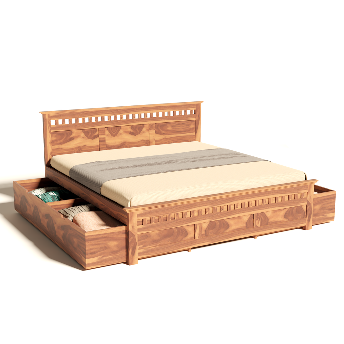 Florestawud Solid Sheesham Wood King Size Bed with Side Storage – Honey Finish