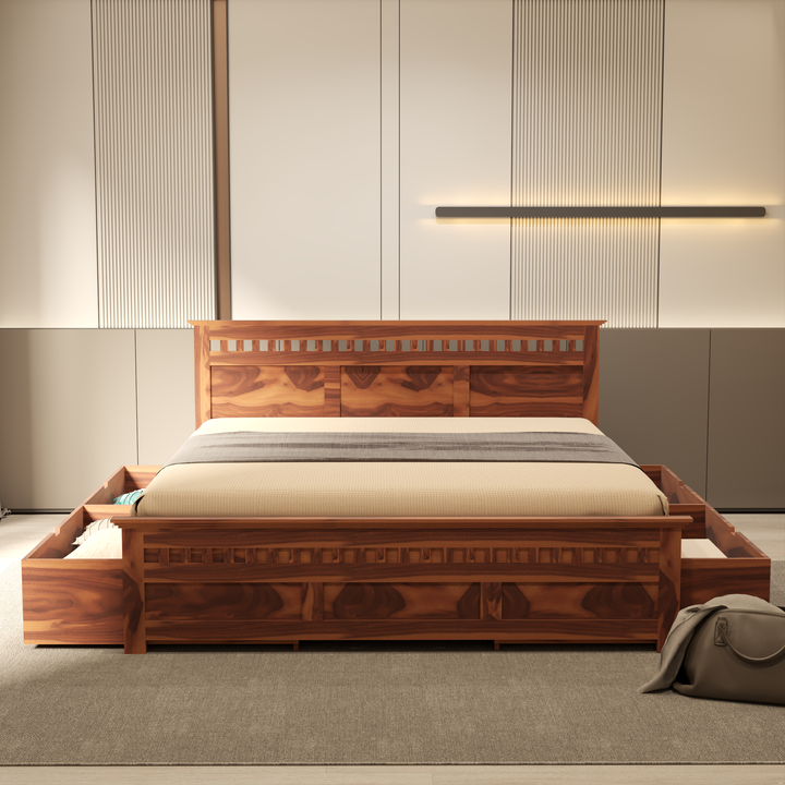 Florestawud Solid Sheesham Wood King Size Bed with Side Storage – Honey Finish