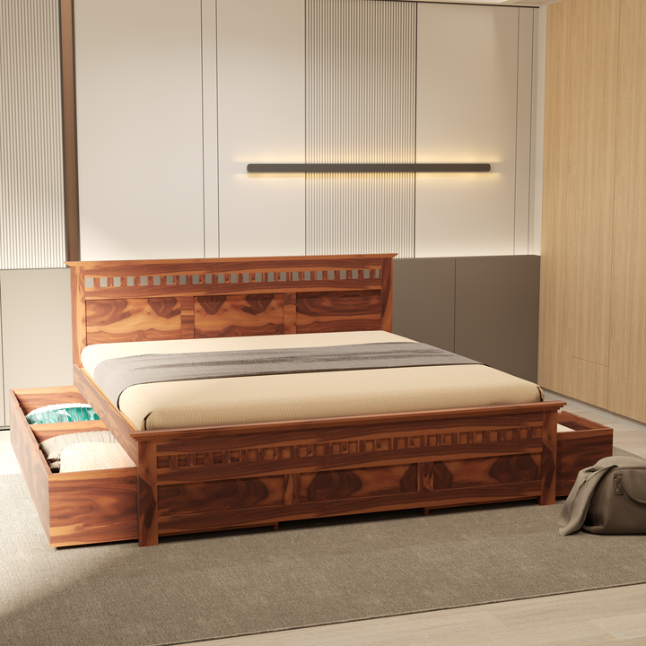 Florestawud Solid Sheesham Wood King Size Bed with Side Storage in Honey Finish featuring spacious pull-out storage drawers