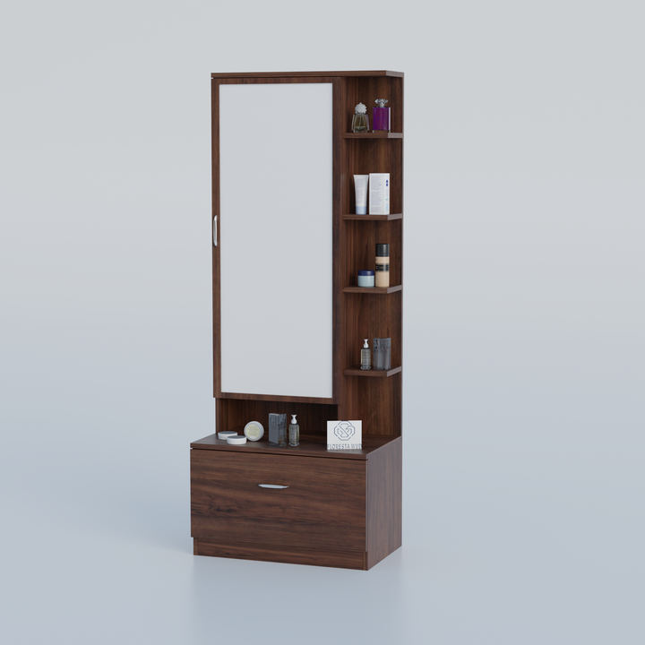 Florestawud Wooden Dressing Table with Mirror & Drawer Storage – Brown Finish