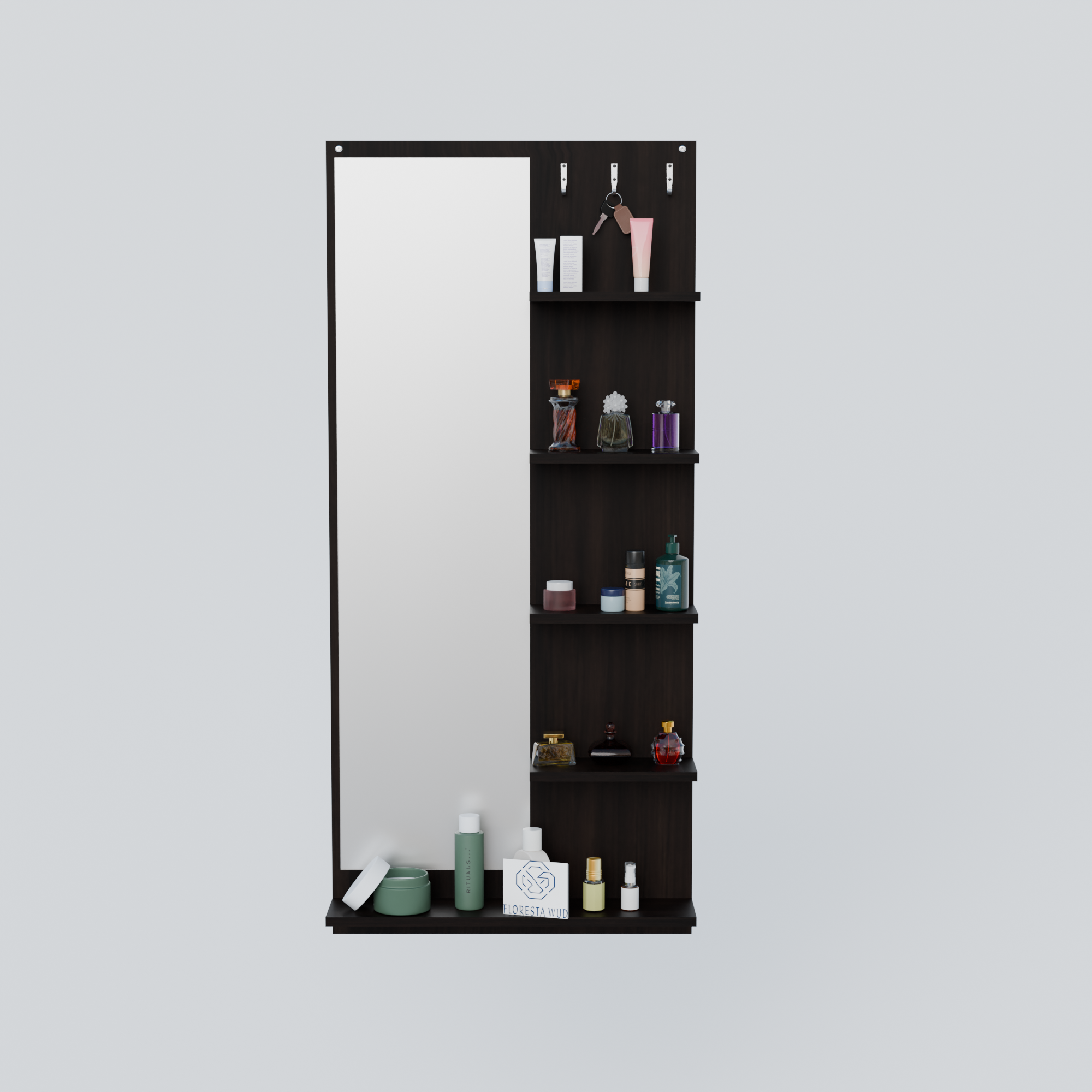 Florestawud Engineered Wood Wall Mounted Dressing Mirror with Shelves & Hooks – Wenge Finish