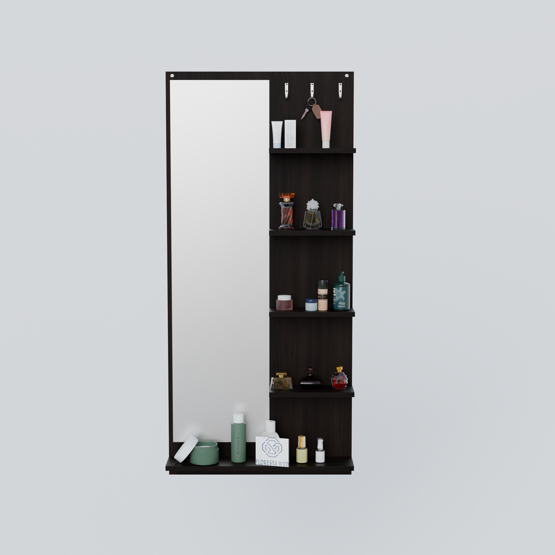 Florestawud Engineered Wood Wall Mounted Dressing Mirror with Shelves & Hooks – Wenge Finish