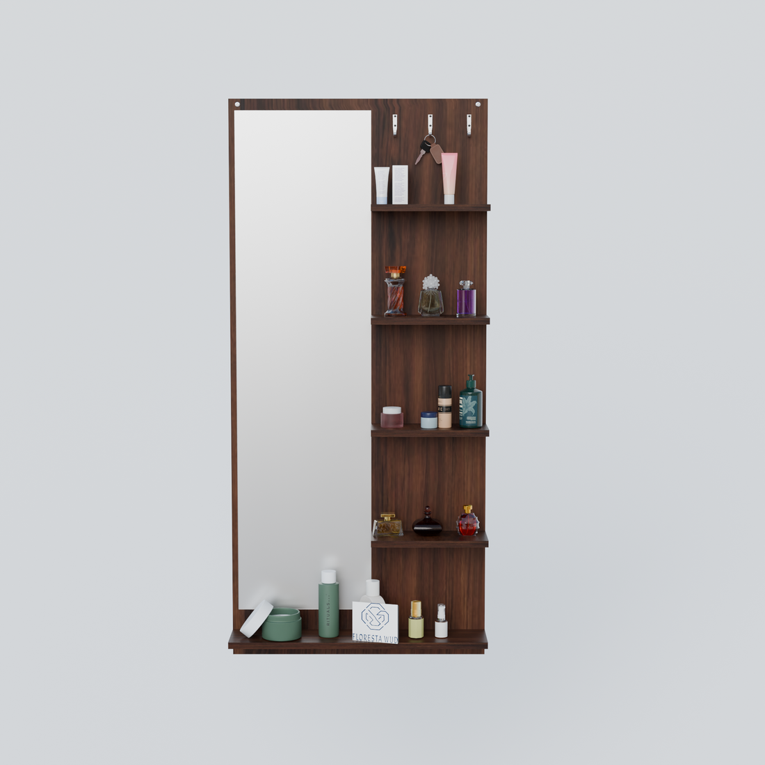 Florestawud Engineered Wood Wall Mounted Dressing Mirror with Shelves & Hooks – Brown Finish