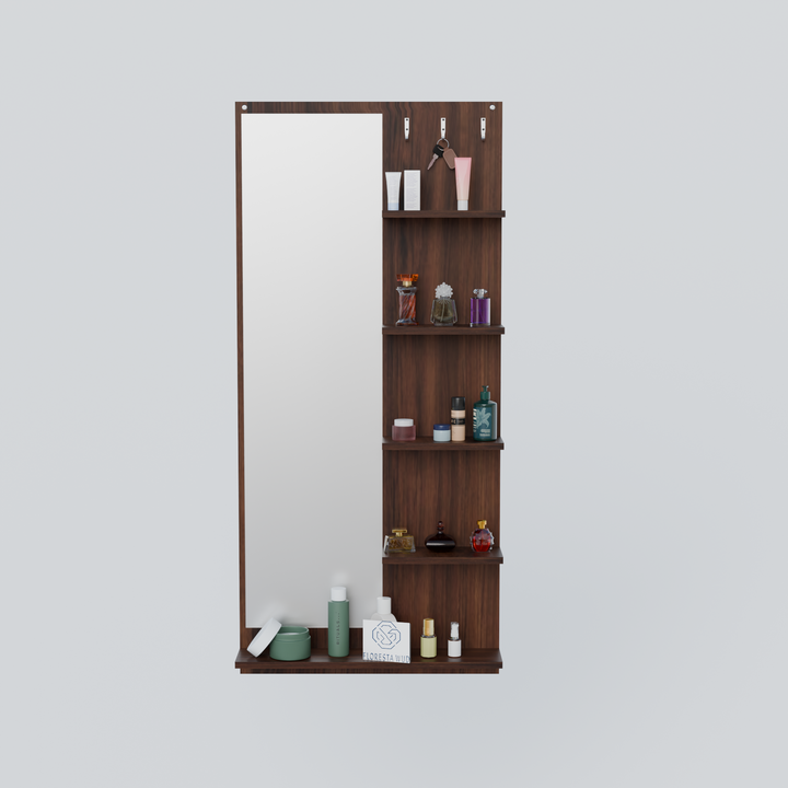 Florestawud Engineered Wood Wall Mounted Dressing Mirror with Shelves & Hooks – Brown Finish