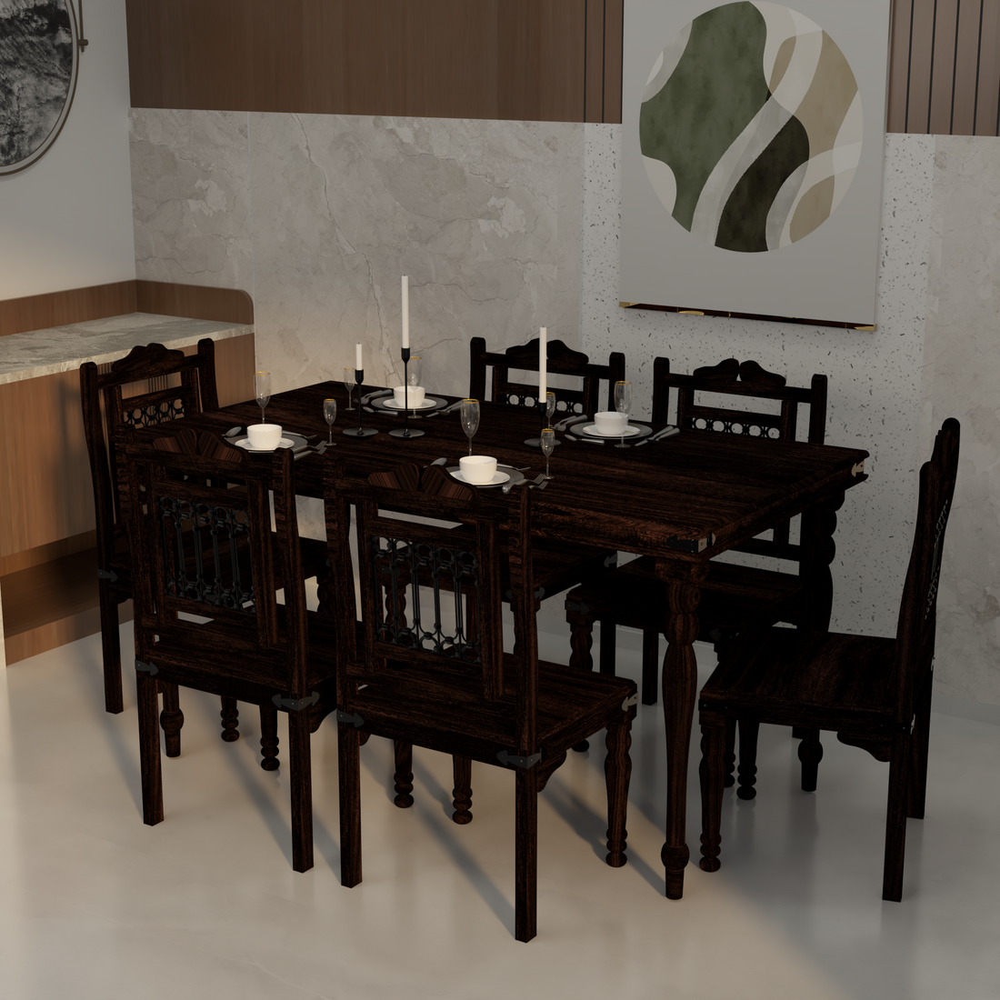 Florestawud Solid Sheesham Wood 6 Seater Dining Table Set in Walnut Finish with rectangular wooden dining table and six matching chairs