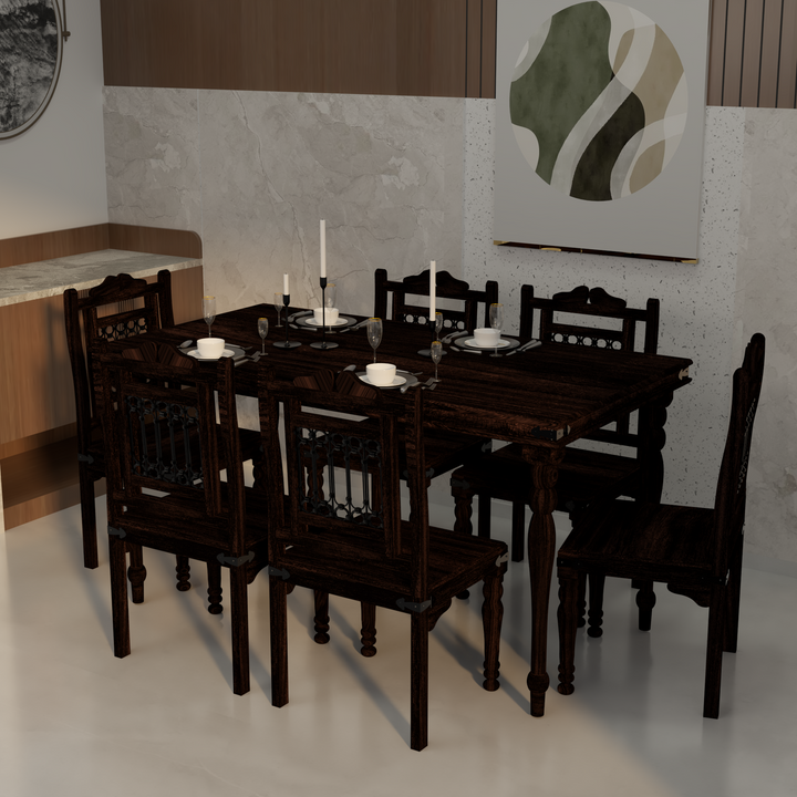 Florestawud Solid Sheesham Wood 6 Seater Dining Table Set in Walnut Finish with rectangular wooden dining table and six matching chairs