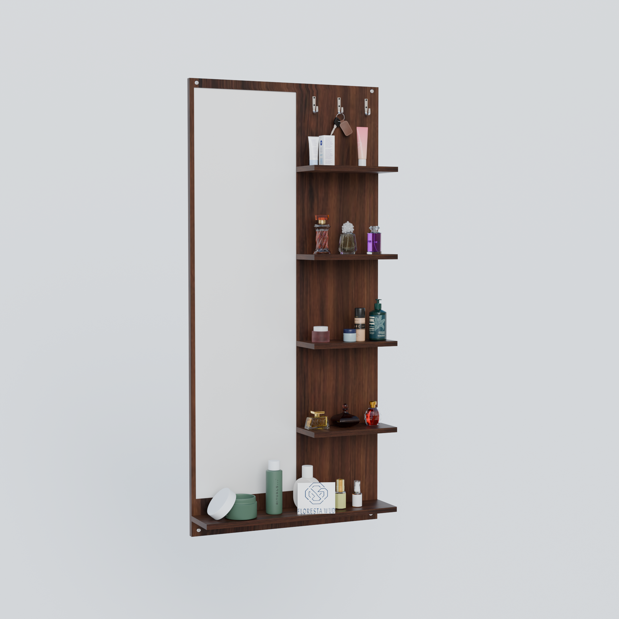 Florestawud Engineered Wood Wall Mounted Dressing Mirror with Shelves & Hooks – Brown Finish