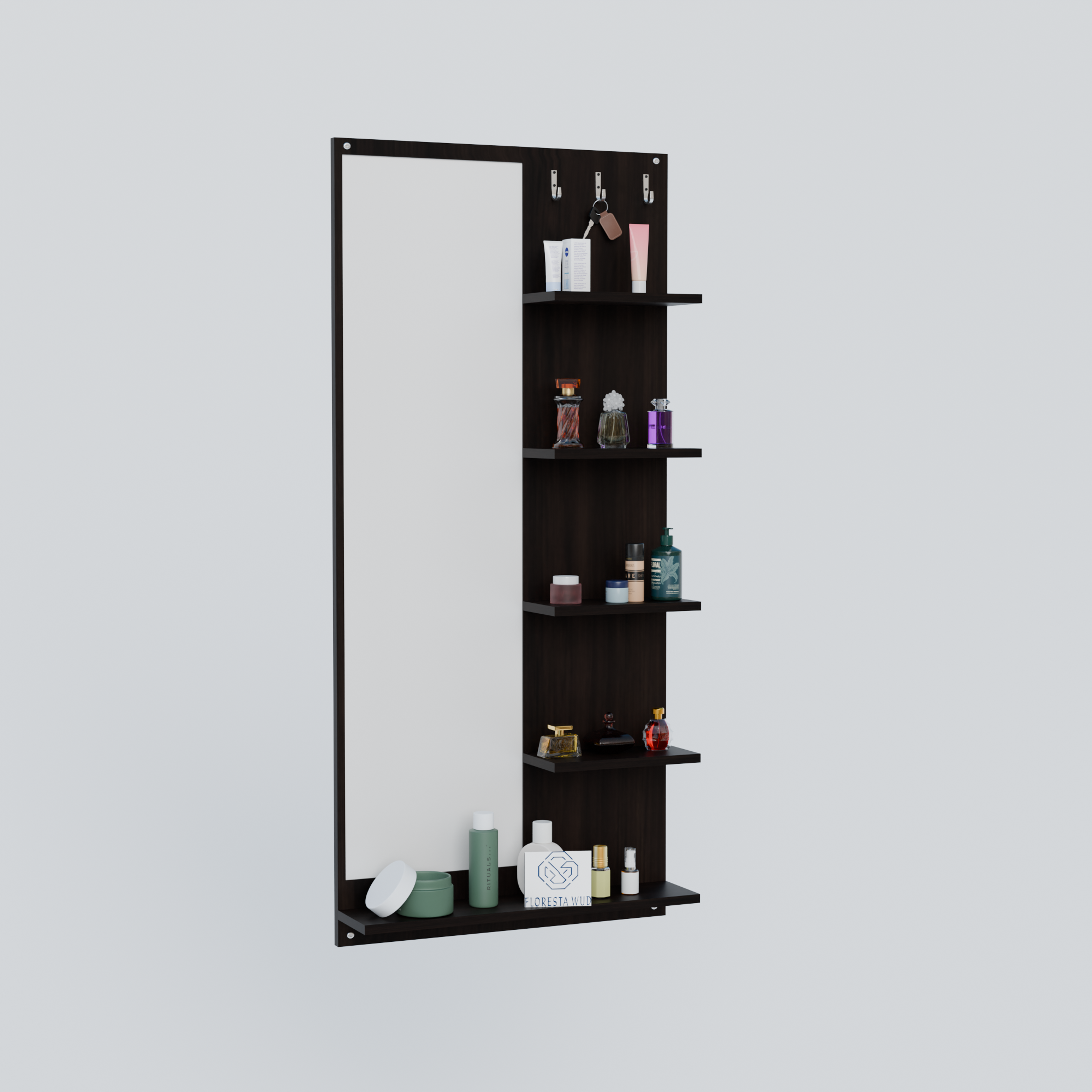 Florestawud Engineered Wood Wall Mounted Dressing Mirror with Shelves & Hooks – Wenge Finish