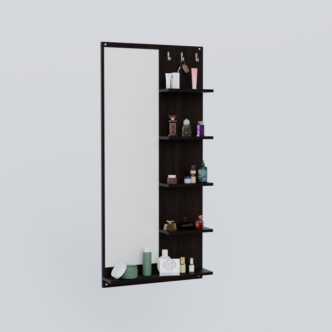 Florestawud Engineered Wood Wall Mounted Dressing Mirror with Shelves & Hooks – Wenge Finish