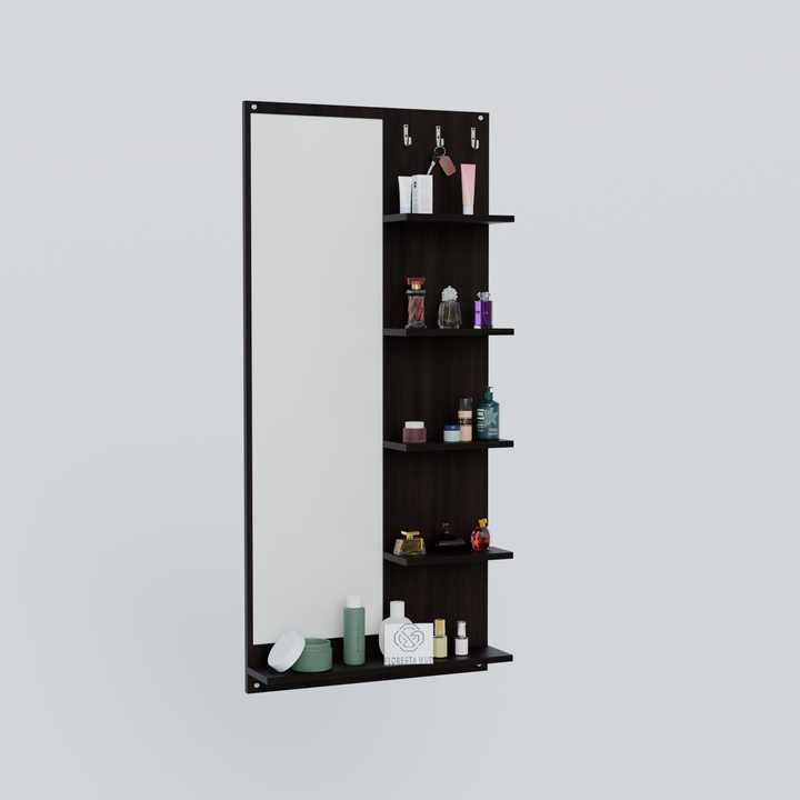 Florestawud Engineered Wood Wall Mounted Dressing Mirror with Shelves & Hooks – Wenge Finish