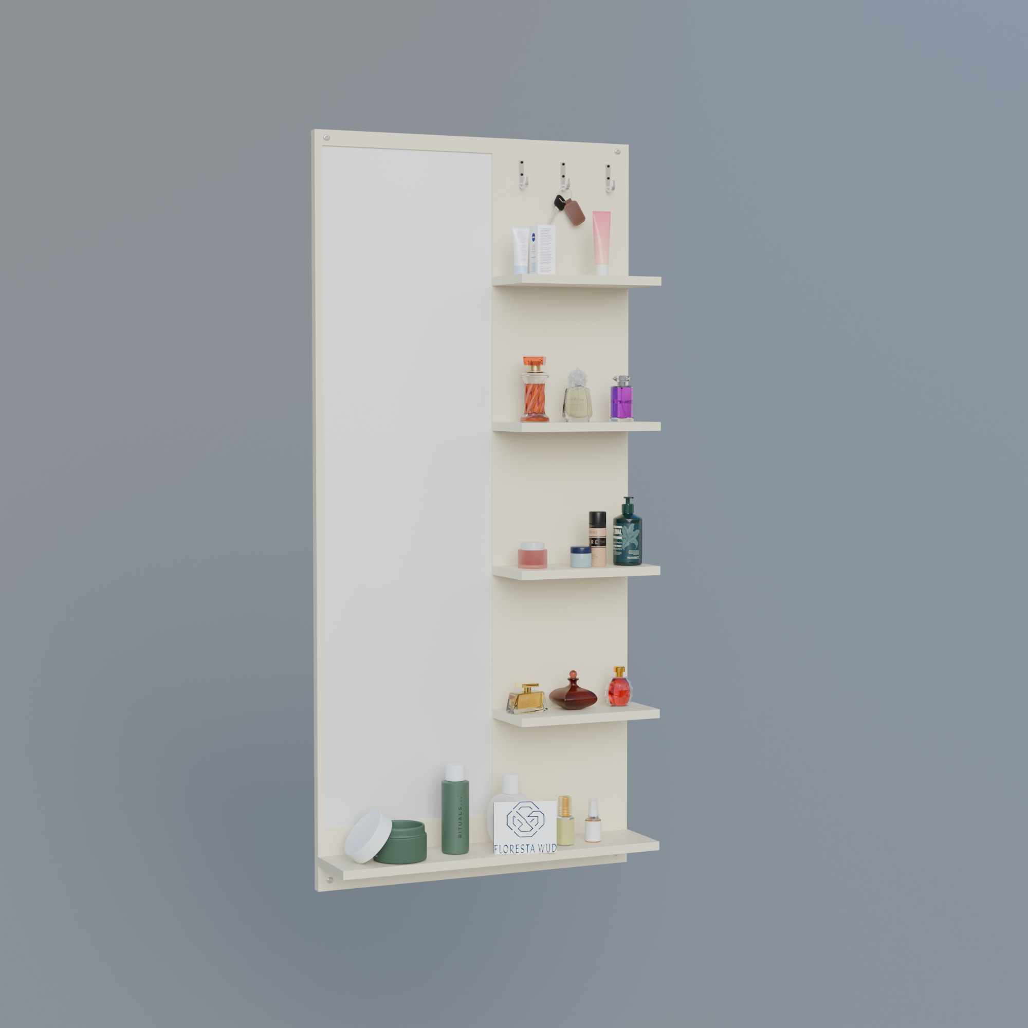 Florestawud Engineered Wood Wall Mounted Dressing Mirror with Shelves & Hooks – White Finish