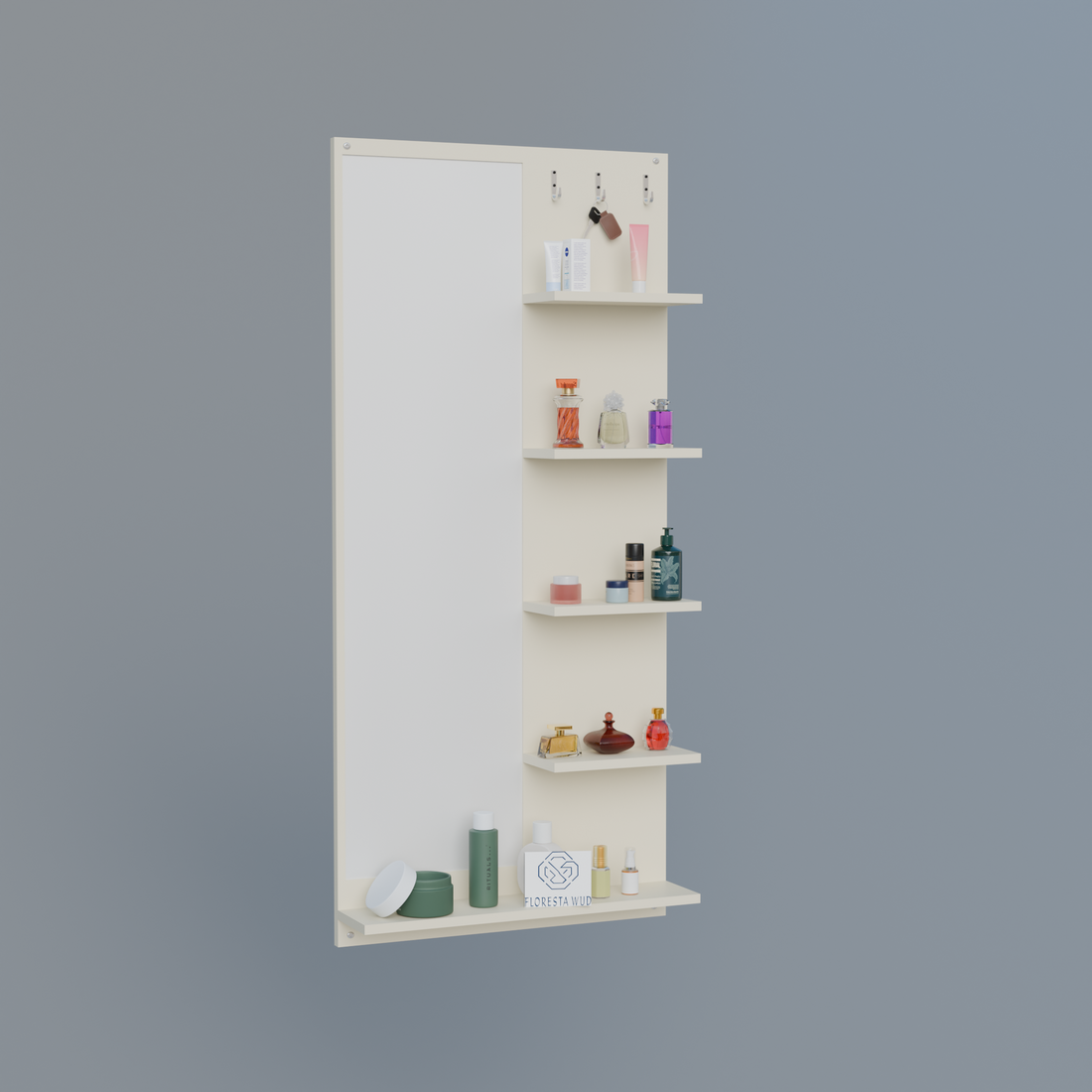 Florestawud Engineered Wood Wall Mounted Dressing Mirror with Shelves & Hooks – White Finish
