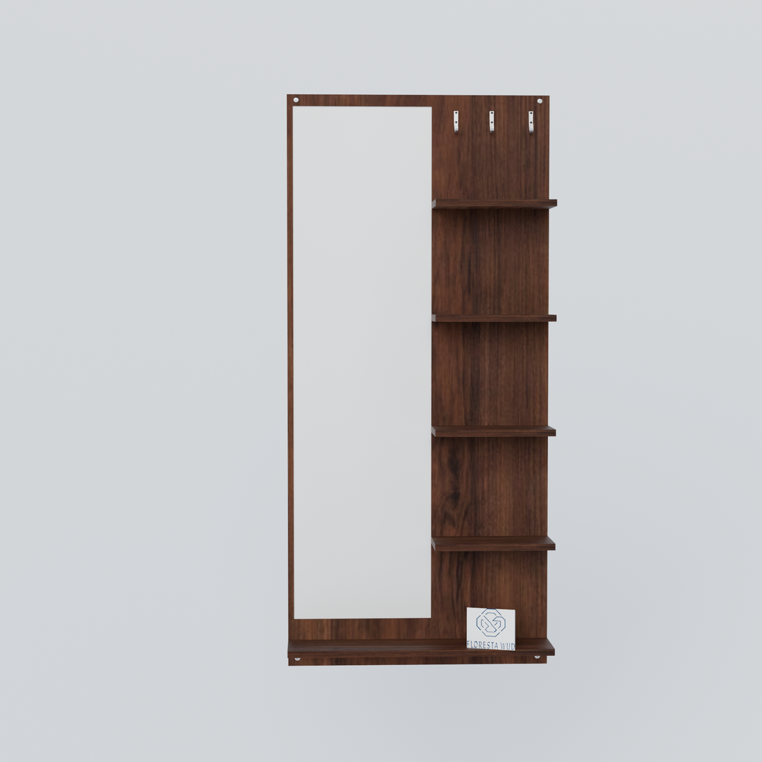 Florestawud Engineered Wood Wall Mounted Dressing Mirror with Shelves & Hooks – Brown Finish