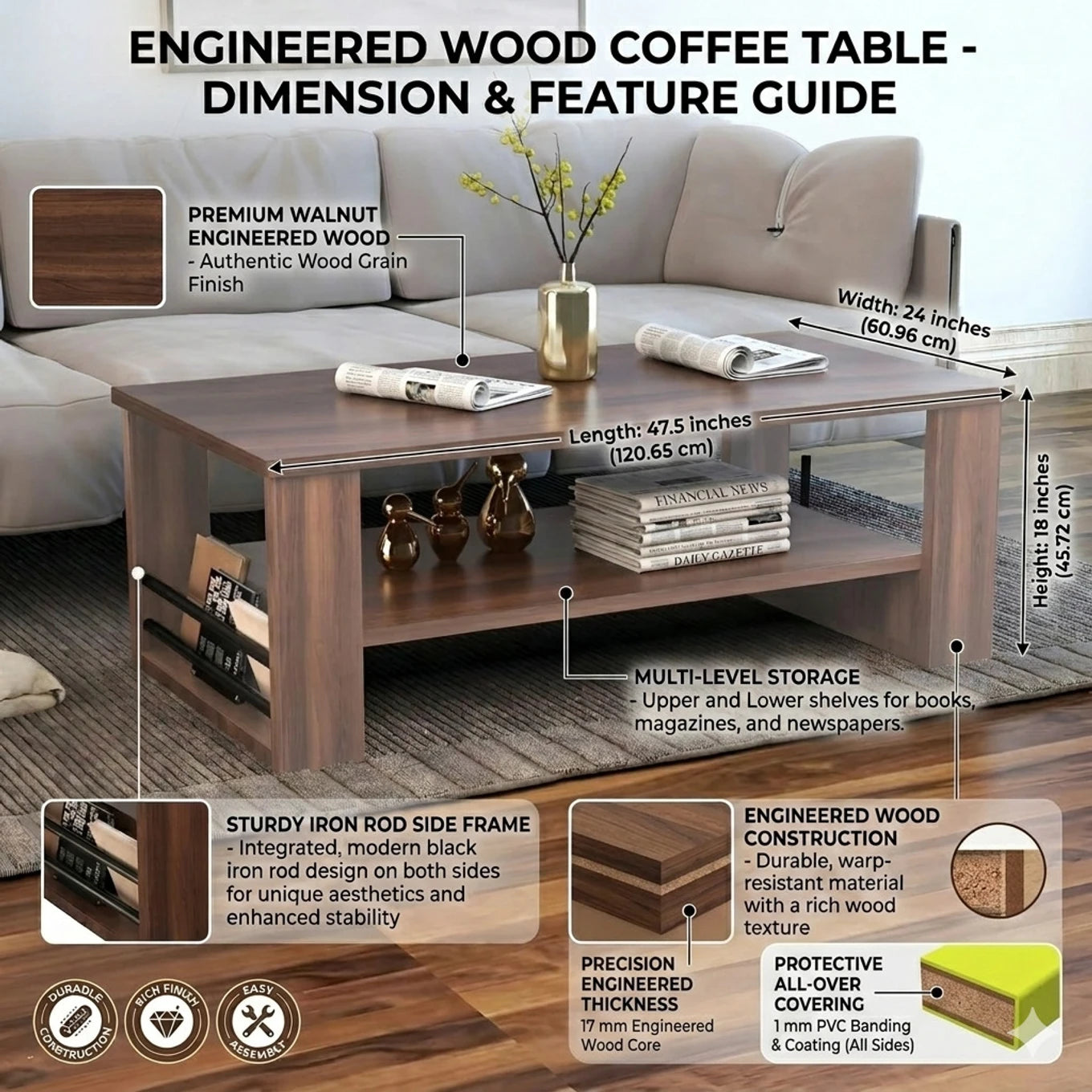 Floresta Wud Engineered Wood Coffee Table with Storage (Walnut Finish)