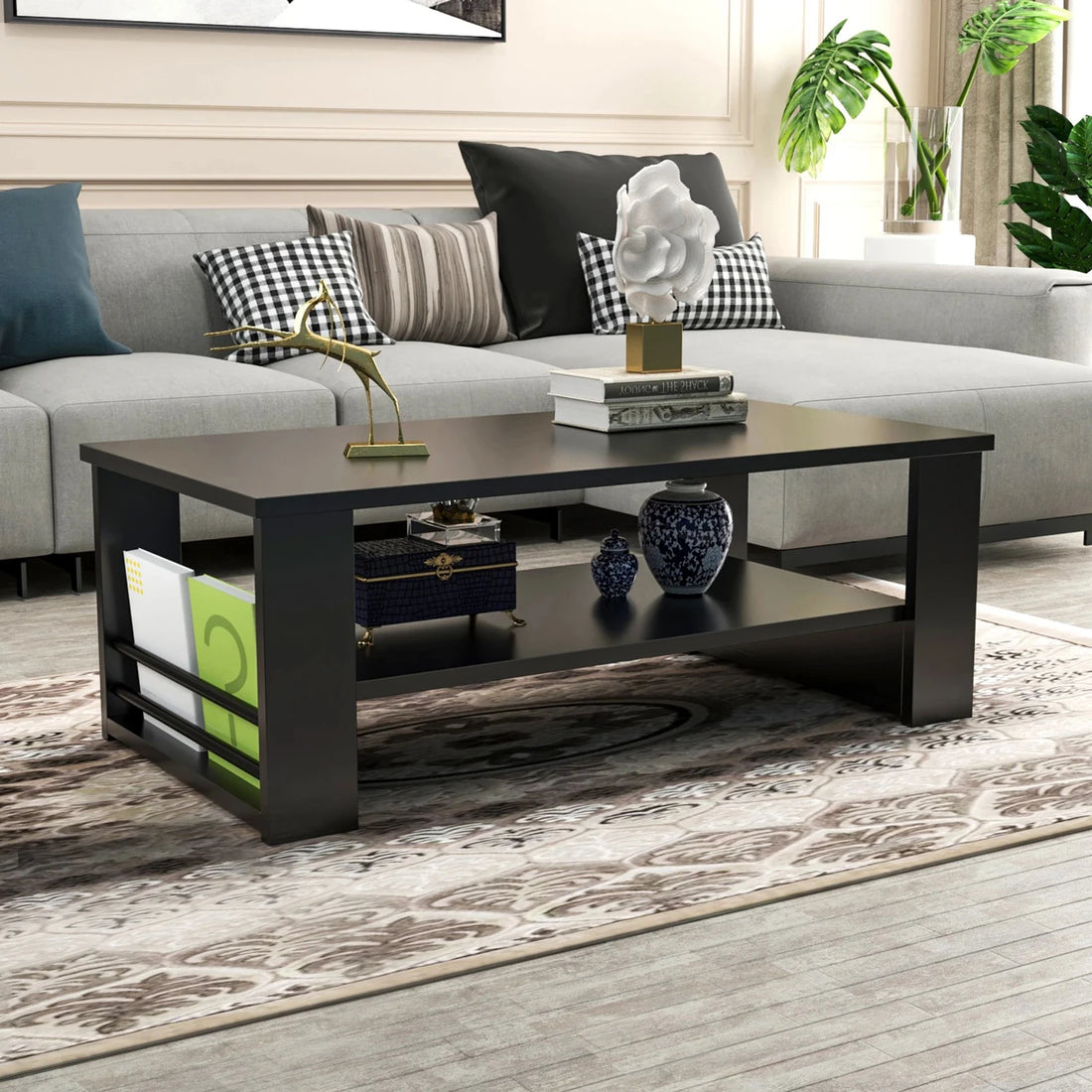 Floresta Wud Engineered Wood Coffee Table with Storage (Black Finish)