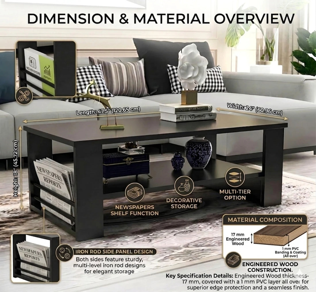Floresta Wud Engineered Wood Coffee Table with Storage (Black Finish)