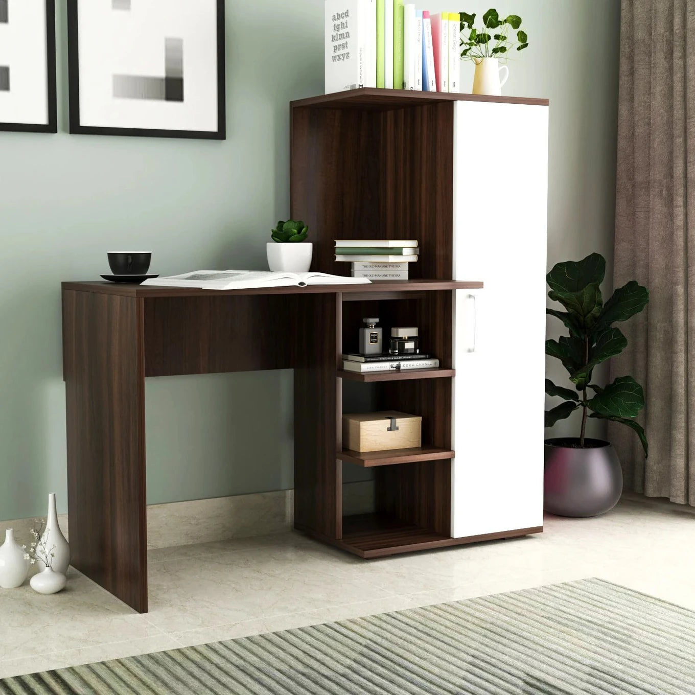 Floresta Wud Study Desk with Storage Cabinet (Walnut & White Finish)