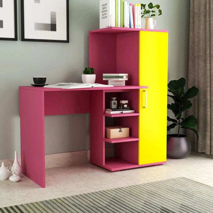 Floresta Wud Kids Study Desk with Storage Cabinet (Pink & Yellow Finish)