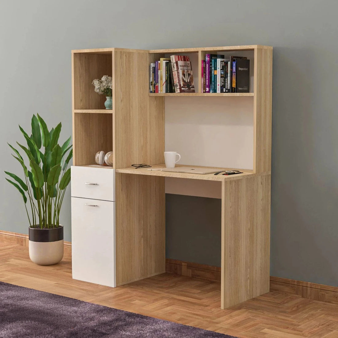 Floresta Wud Study Table with Bookshelf (White Finish)