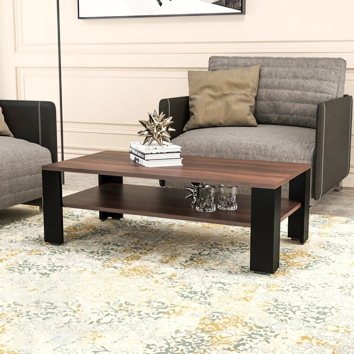 Modern Wooden Coffee Table with Open Storage Shelf
