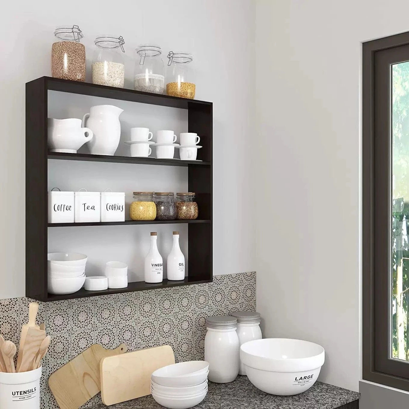 Modern Wooden Wall Mounted Kitchen Storage Shelf with 3 Tier Display Rack