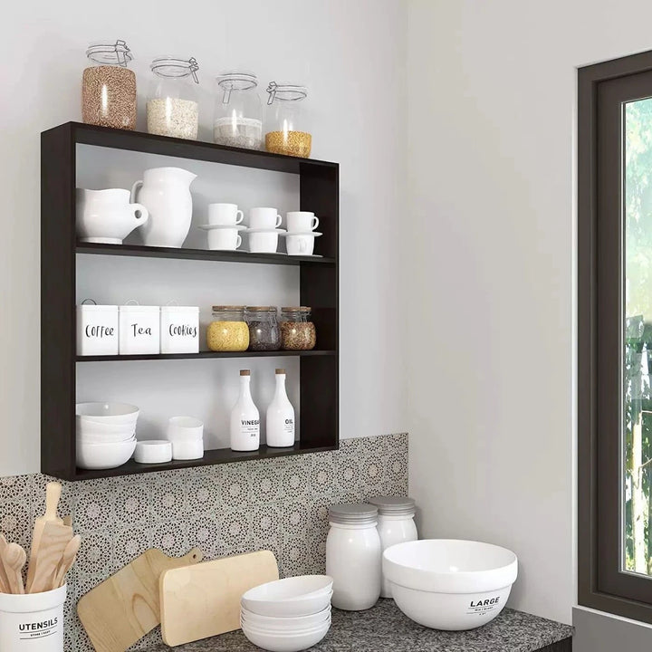 Modern Wooden Wall Mounted Kitchen Storage Shelf with 3 Tier Display Rack