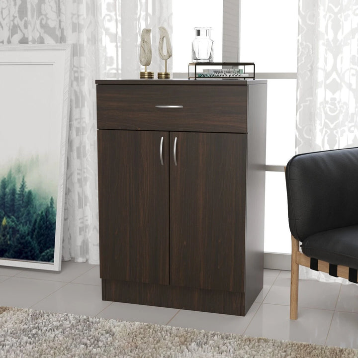 Modern Wooden Shoe Cabinet with Drawer & 2 Door Storage - Dark Walnut Finish
