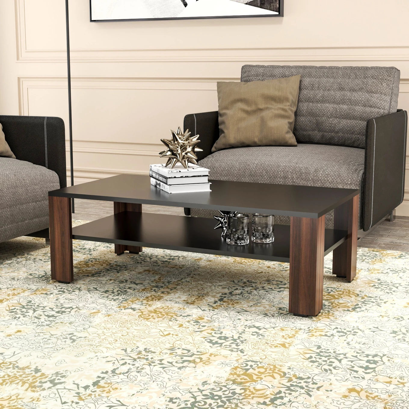 Modern Coffee Table with Open Storage Shelf – Walnut & Black
