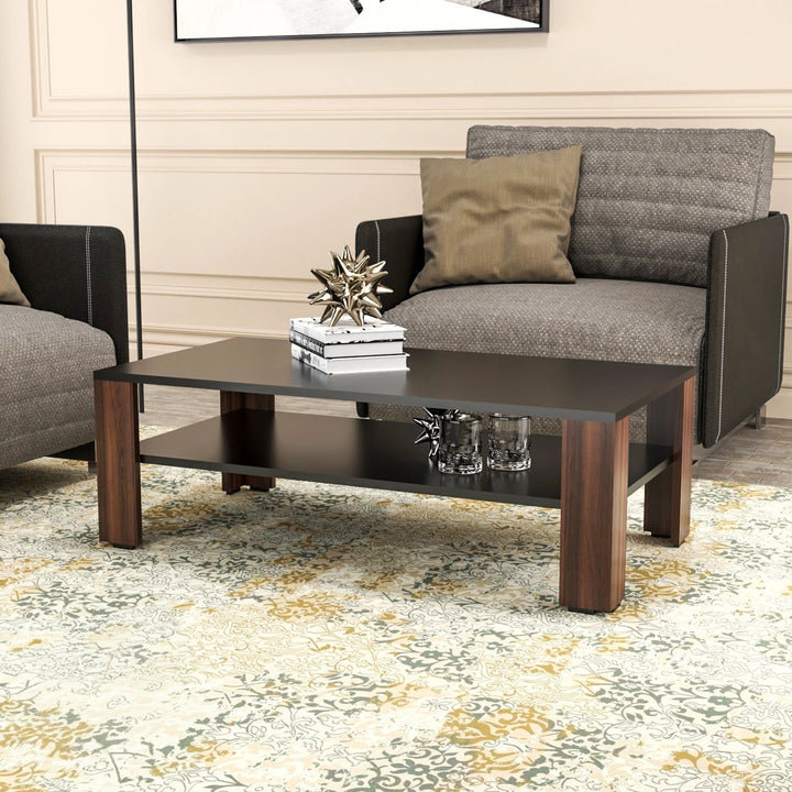Modern Coffee Table with Open Storage Shelf – Walnut & Black