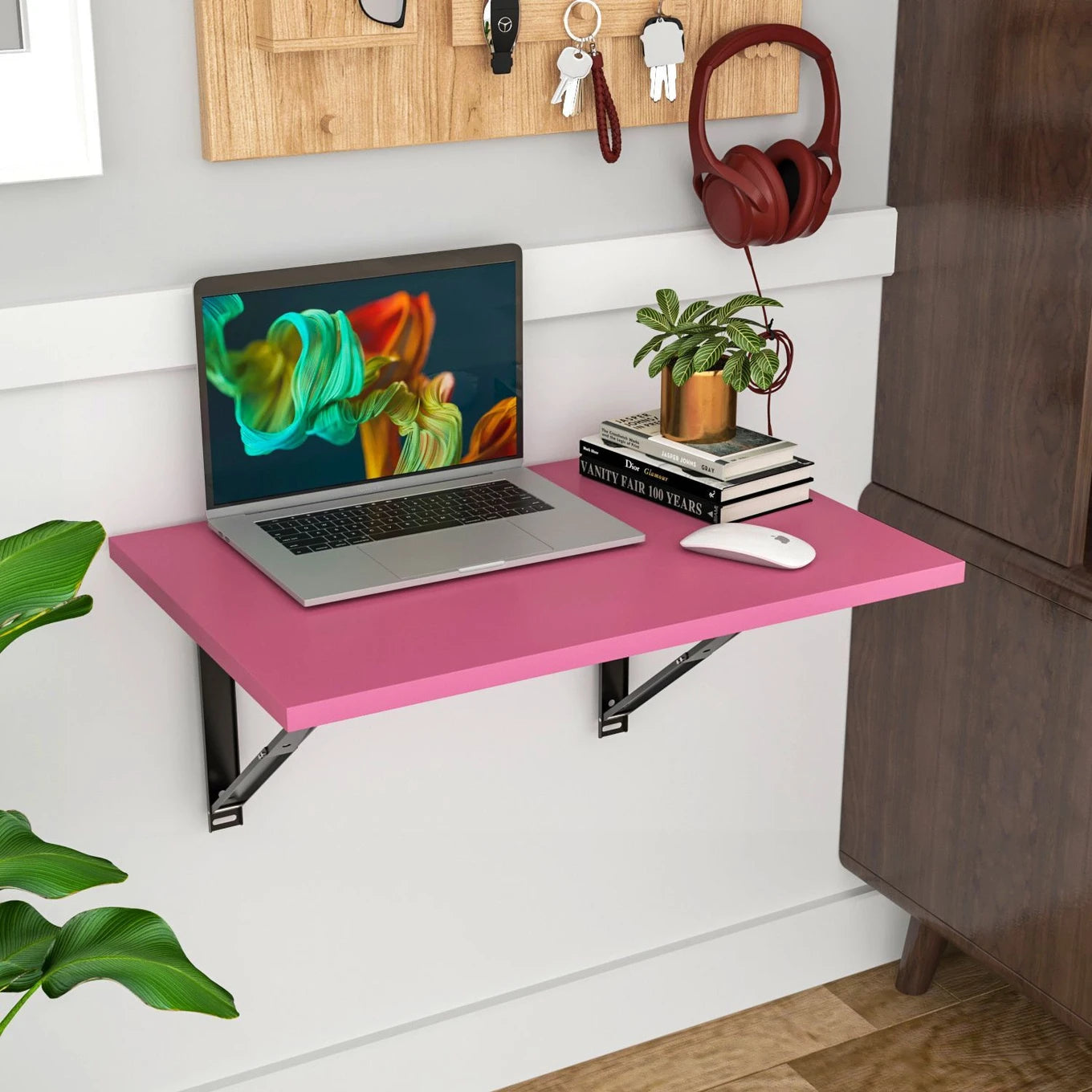 Floresta Wud Wall Mounted Foldable Study Table (Pink Finish)