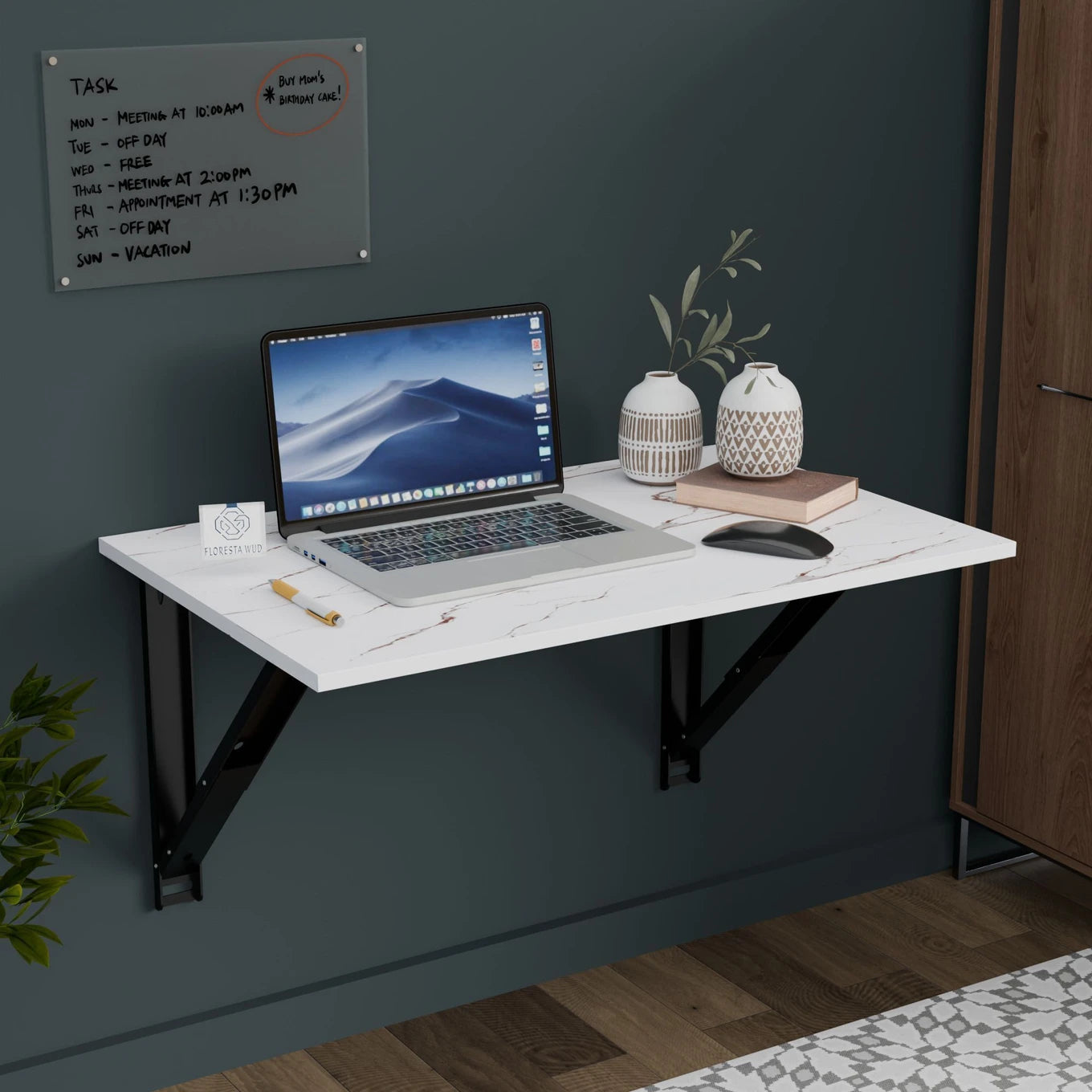 Floresta Wud Wall Mounted Foldable Study Table  (White Marble Finish)