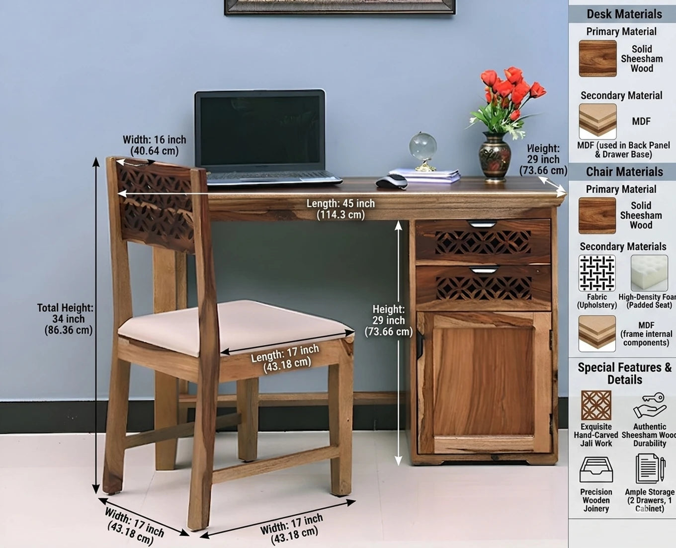 Floresta Wud Sheesham Wood Study Table with Chair
