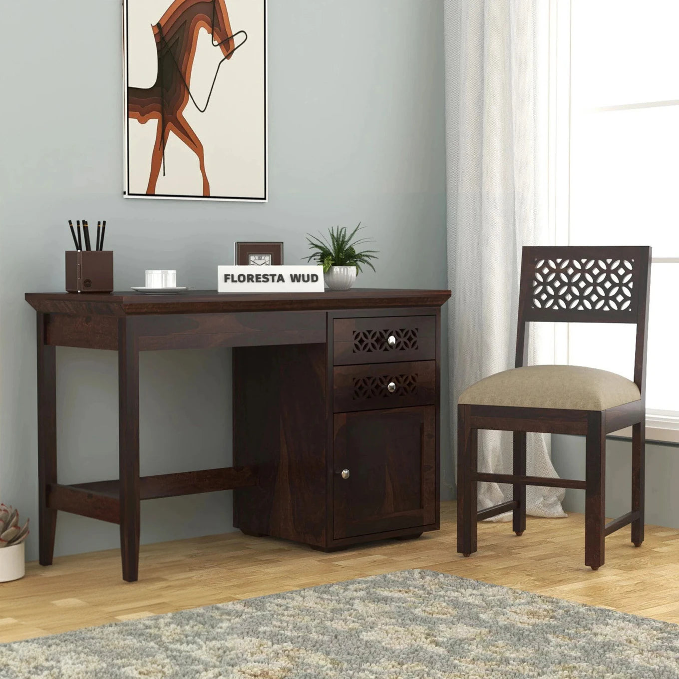 Floresta Wud Sheesham Wood Study Table with Chair (Walnut Finish)